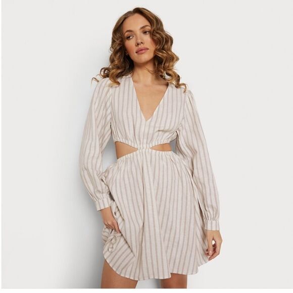 Sam Edelman Emely Cut out Long Sleeve Dress, white and tan stripe size XL New - Picture 3 of 11